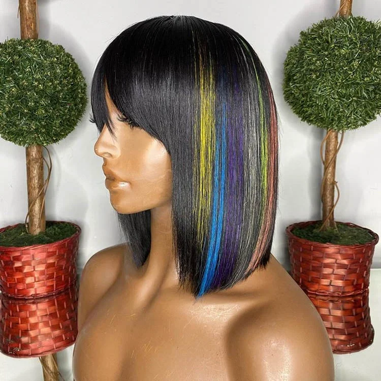 Rainbow Colored Highlight Short Bob Straight Virgin Hair Wigs Human Hair Lace Front Wig and NO Lace wig with Bang