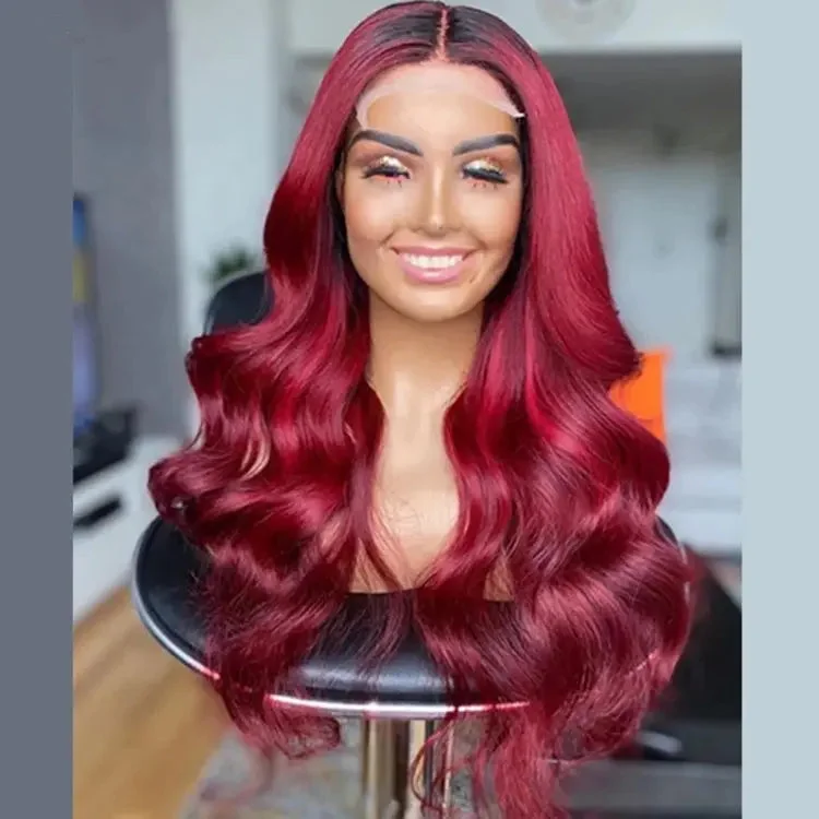 Red Color Human Hair Lace Front Wigs With Middle Part Baby Hair Body Wave Burgundy 99j Brazilian Virgin Remy Raw Human Hair Wigs