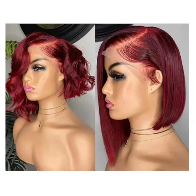 Red Wave Cut Bob Side Part Short Wig Virgin Colorful Cuticle Aligned Human Hair HD Lace Front Wigs