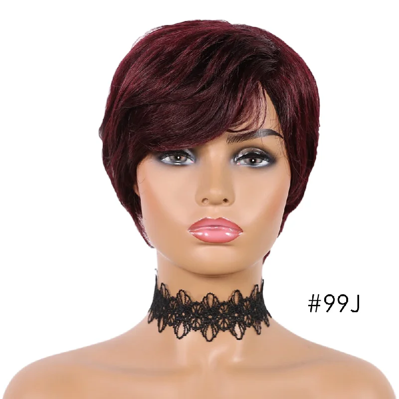 Short Wigs For Women Human Hair Burgundy Color Full Machine Made Human Hair Wig Pixie Cut Wig