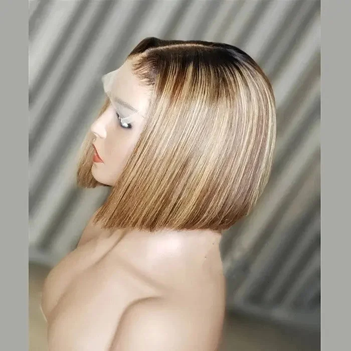 Silky Straight Short Pixie Bob Cut Wigs Lace Front Wigs With Baby Hair Ombre Highlight Blonde Human Hair Wigs Lace Frontal