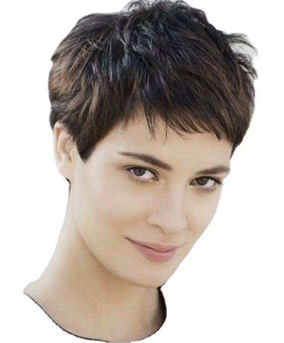 sleek hot selling Women Ombre Short Pixie Cut  Wigs Dark brown Short Straight Hd Lace part frontal human hair Wig For Women