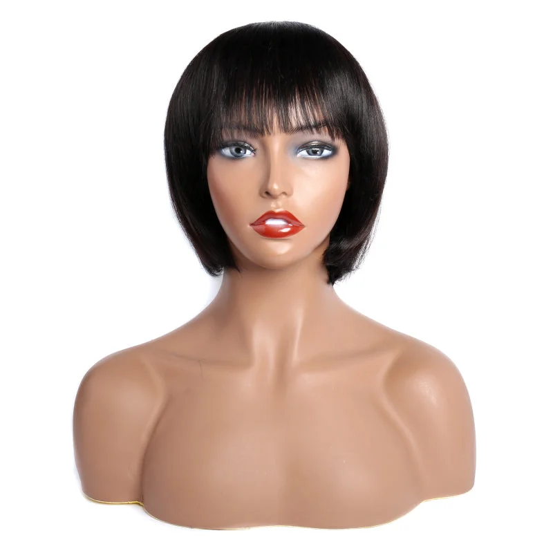 Sunlight Short Straight Indian Human Hair Glueless Machine Made Wig Bob Wigs With Bangs