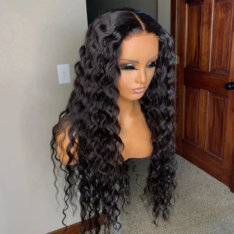 Swiss Lace Deep Wave Remy Brazilian Human Hair Natural Color Pre Plucked 13*4 Lace Front Wigs