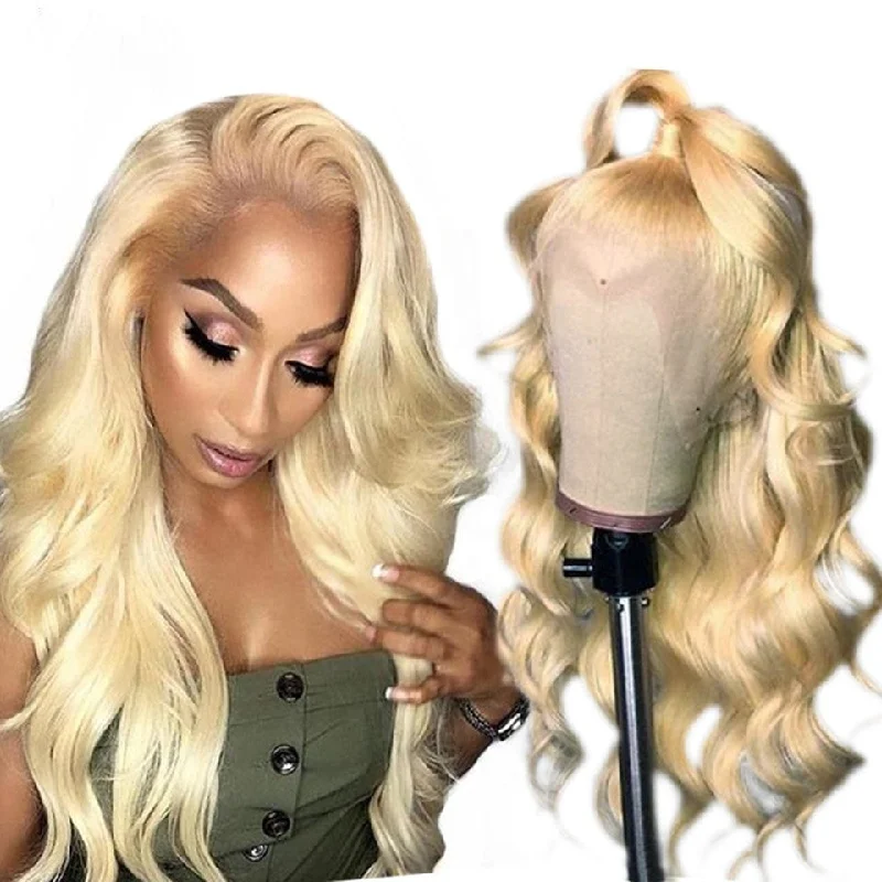 Top Quality Raw Hair Preplucked Glueless 32 Inch Human Hair Blonde 13*4 Lace Wig In Stock Light Color 613 Wigs