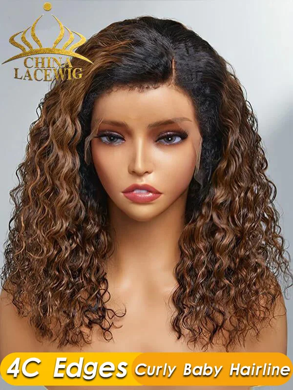 Chinalacewig Type 4C Edges Curly Baby Hairline Undetectable HD Lace Front Wig Ombre Brown Curly With Pre-plucked 4C Natural Hairline NEW004