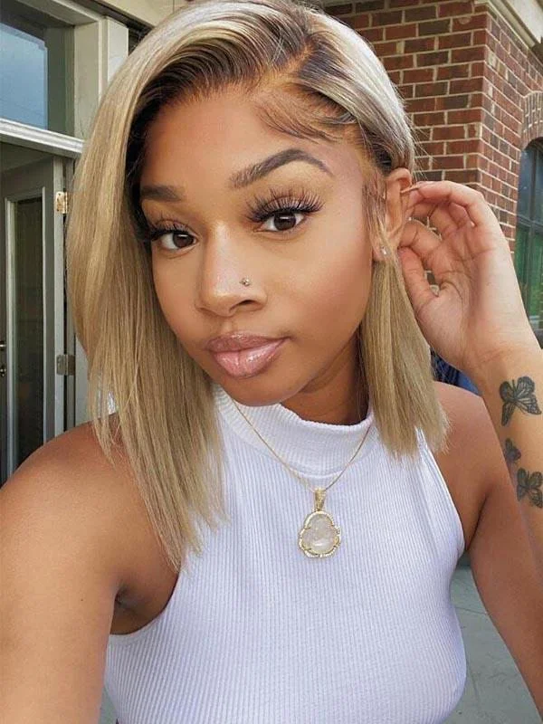 Chinalacewig Transparent Lace Blonde Color Lace Front Wigs Straight Bob Wigs CF116