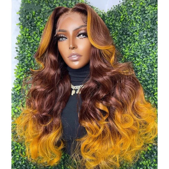 Wholesale Ombre Brown Yellow Loose Wave Human Virgin Hair Lace Front Wigs for Black Women