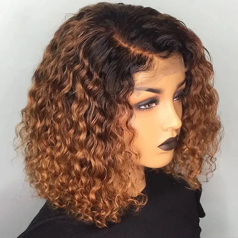 Wholesale Pre Plucked Natural Black Brown Ombre Color Deep Curly Wig Cuticle Aligned Human Hair Lace Front Wigs