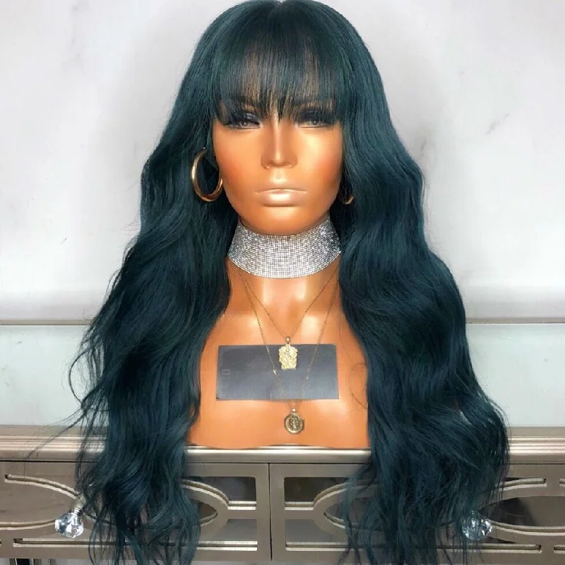 Wigs Factory Dark Blue Natural Wave Peruvian Lace Front Wigs Cuticle aligned Hair Human Wig With Bang